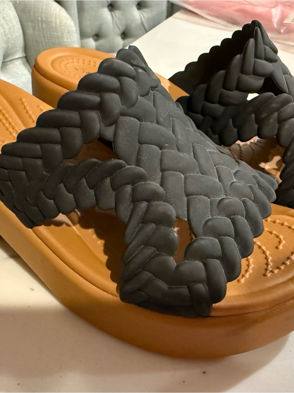 CROCS Braided Slide Sandals in Black and Tan